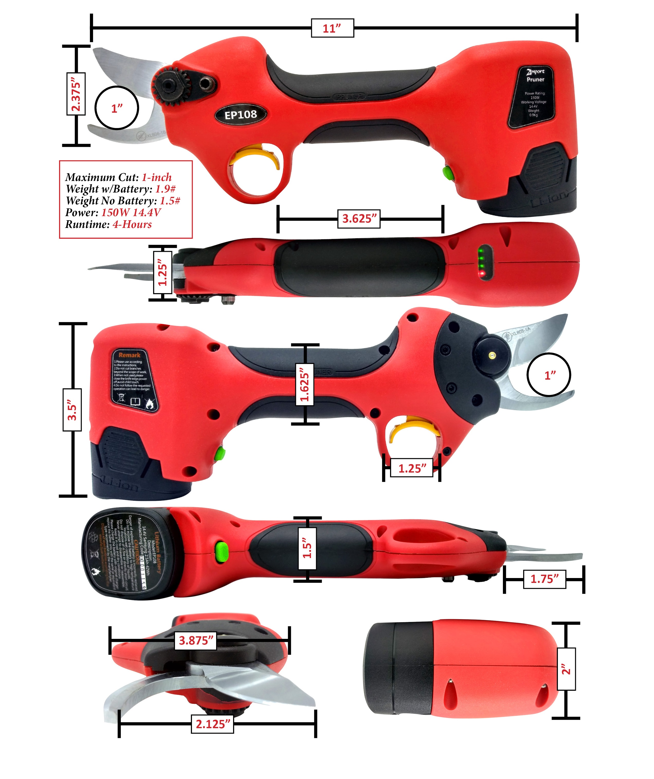 Zenport Cordless Pruner EP108 ePruner Small Battery Powered Electric Pruner, 1-Inch Cut