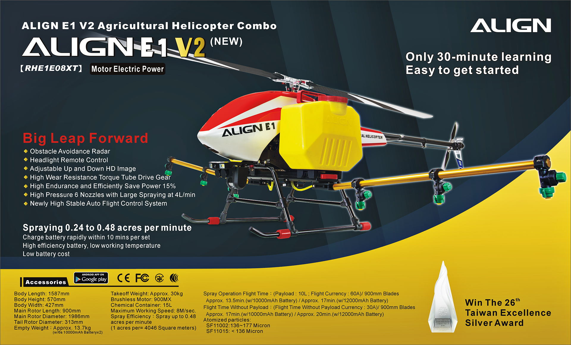 Agricultural Helicopter E1 V2 Crop Spraying Drone Combo, Battery Powered, Two-Blade Rotor