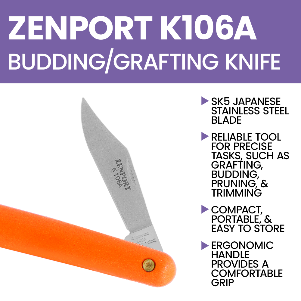 (image for) Zenport Grafting Knife K106A Budding and Grafting Knife, Clip-Point Blade, Dual-Taper Bevel Cutting Edge