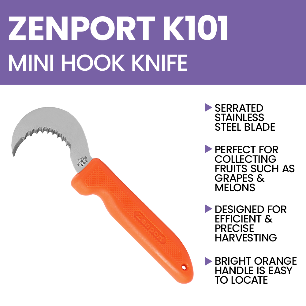 (image for) Zenport Grape Hook Knife K101 Harvest/Utility Hook Knife, Grape and Melon, 3-Inch Curved Serrated Stainless Steel Blade