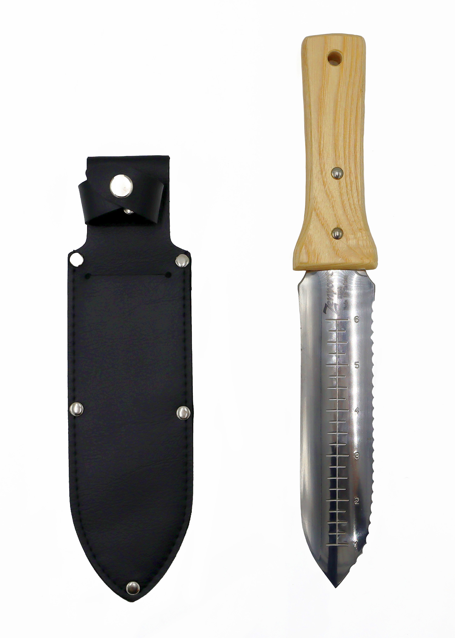 Zenport Soil Knife K248 Deluxe ZenBori Soil Knife Wooden Handle with Sheath, Ultimate Gardening Tool, Japanese Hori Hori Knives - Click Image to Close